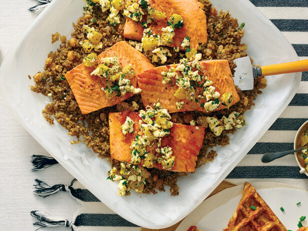 Spring Salmon Freekeh Skillet with Warm feta Citrus Relish