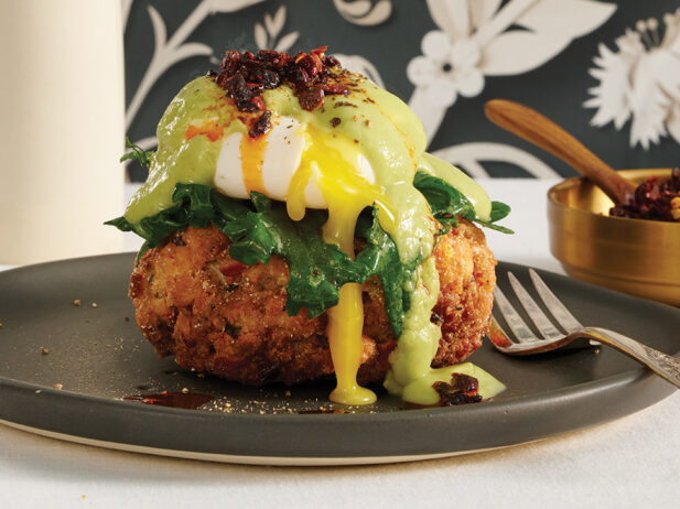 Crab Cake Eggs Benedict with Avocado “Hollandaise”