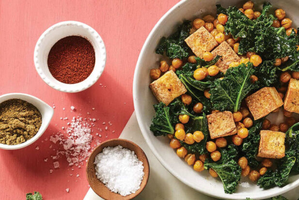 Seared Tofu with Greens and Crispy Chickpeas dish