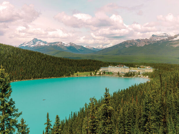 Aerial view of Chateau Lake Louse across the lake