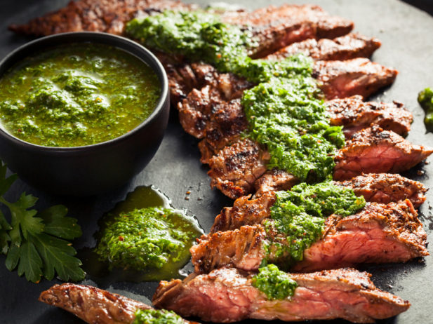 Homemade Cooked Skirt Steak with Chimichurri Sauce and Spices